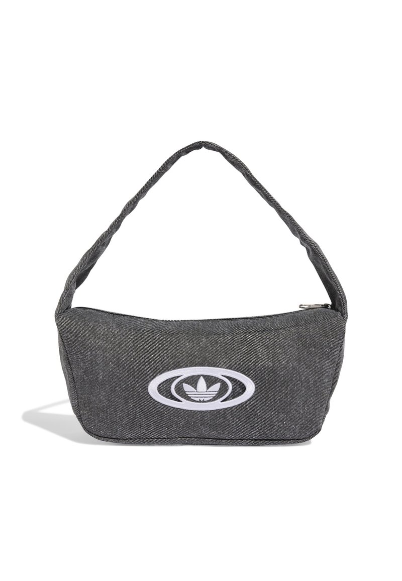 Γκρι τζιν τσάντα ώμου με στρογγυλό σχήμα, κεντημένο λευκό λογότυπο και tapered λουράκι. Διαθέτει φερμουάρ για ασφάλεια.