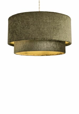 Hanging double-layered drum lampshade with textured olive green fabric and a twisted cord suspension.