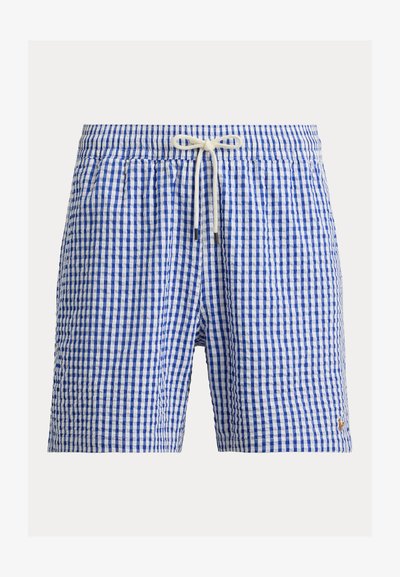 Short de bain à carreaux bleu et blanc avec une ceinture élastique, un cordon blanc et un petit logo brodé sur la jambe droite en bas.