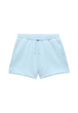 Lyseblå afslappede shorts med elastisk taljebånd, snøre, sidelommer og små side-åbninger ved kantningen.