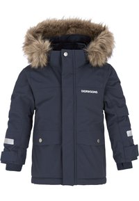 Manteau d'hiver pour enfant bleu marine avec garniture en fausse fourrure, fermetures à boutons-pression, accents réfléchissants sur les manches et texture matelassée.