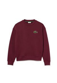 Felpa di cotone bordeaux con colletto rotondo, polsini a coste e logo del coccodrillo Lacoste verde ricamato sul petto.