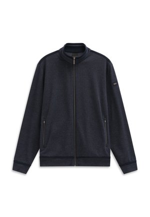Marineblaue Zip-Jacke mit hohem Kragen, zwei Seitentaschen, strukturiertem Stoff sowie einem taillierten gerippten Saum und Bündchen.