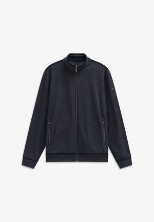 Marineblaue Zip-Jacke mit hohem Kragen, zwei Seitentaschen, strukturiertem Stoff sowie einem taillierten gerippten Saum und Bündchen.