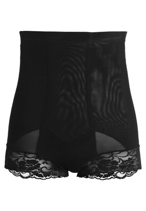 Shapewear negru cu talie înaltă, cu panouri translucide și dantelă la tiv, având o textură netedă și o potrivire strânsă.