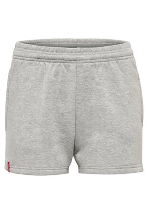 Graue Baumwollshorts mit einem elastischen Bund, Seitentaschen und gesteppten Details. Verfügt über ein kleines rotes Logo am Saum.