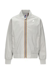 Giubbotto bomber grigio chiaro con chiusura a zip, polsini a coste e due tasche laterali. Presenta una zip a strisce multicolori e un sottile dettaglio del logo.
