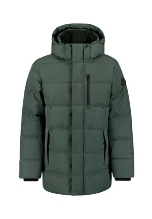 Groene pufferjack gemaakt van geïsoleerde stof, voorzien van een hoge kraag, een met rits afsluitbare borstzak en zijzakken voor extra warmte.