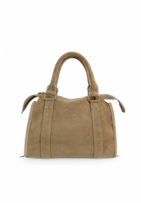 Sac à main en daim beige avec deux poignées supérieures, quincaillerie dorée, détails de couture subtils et fermetures éclair sur les côtés. Design compact et structuré.