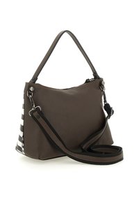 Borsa a tracolla in pelle marrone con manico corto e tracolla lunga removibile, caratterizzata da lati a strisce bianche e nere e hardware in argento.