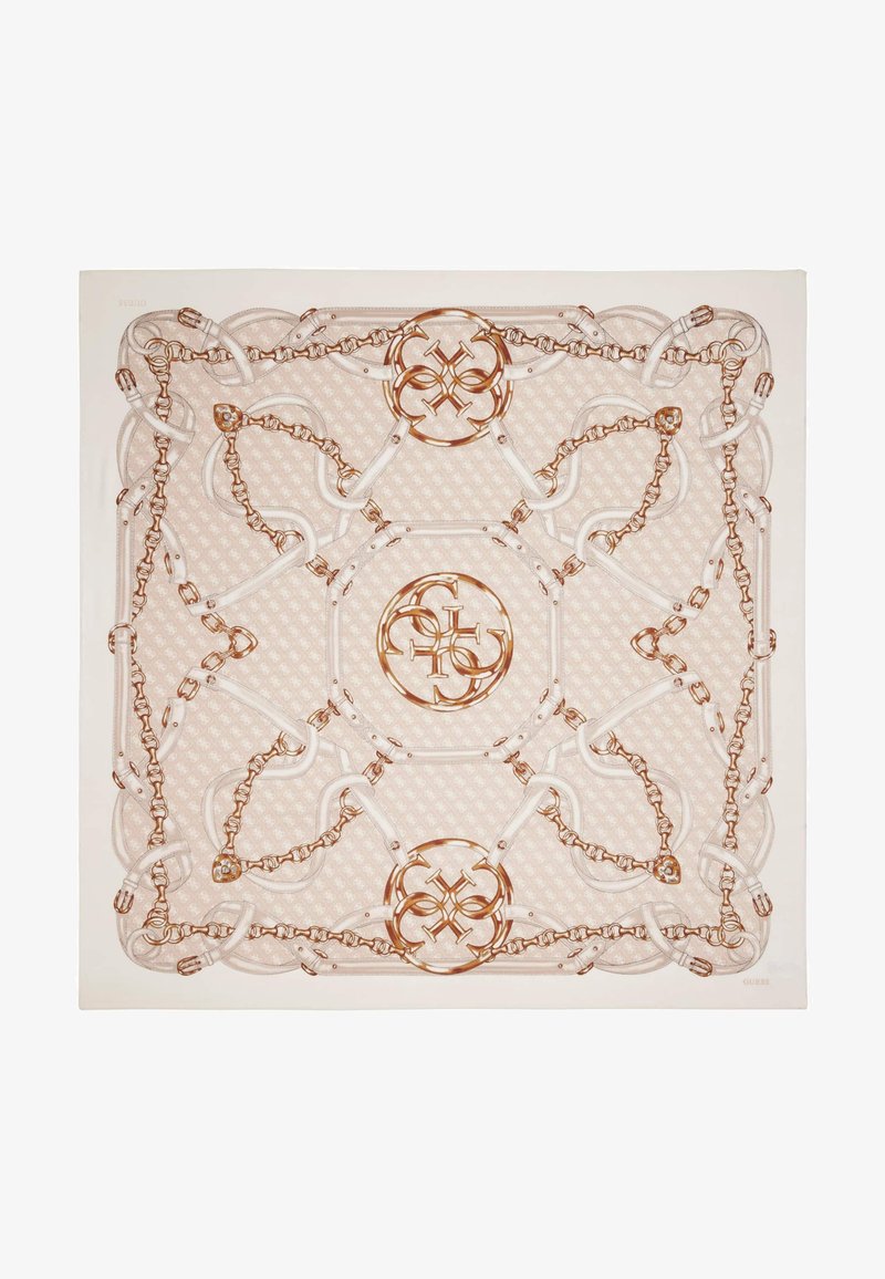 Silk scarf with beige background, featuring intertwined chains, belts, and circular logos in brown and gold tones.