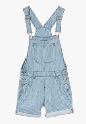 Hellblaue und weiß gestreifte kurze Jeans-Latzhosen mit verstellbaren Schultergurten, vorderer Brusttasche, seitlichen Knöpfen und umgeschlagenem Saum.