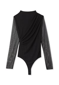 Body nero a maniche lunghe con maniche in rete trasparente e dettaglio arricciato asimmetrico sul davanti, con chiusura a scatto allinguine.