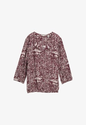 Bordeaux blouse met een textuurpatroon in crèmekleuren, voorzien van een ronde halslijn en driekwartmouwen. Ideaal voor casual gebruik.