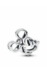 Ciondolo argento a forma di Topolino, con superficie liscia e lucida, caratterizzato da arti intrecciati e tratti facciali esagerati.