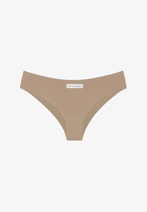 Beige bikini briefs with a smooth texture, featuring a logo label "GOD SAVE QUEENS" on the waistband. Minimalist design, no additional patterns.