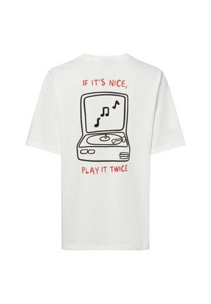 White cotton t-shirt featuring a black outline of a turntable graphic with red text: "IF IT'S NICE, PLAY IT TWICE" above it.
