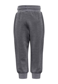 Grå sweatpants med en texturerad tyg, ribbad midja och muddar vid anklarna. Inga fickor, designade för komfort och rörelsefrihet.