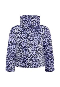 Jachetă puffer cu imprimeu leopard violet și negru, cu guler înalt și mâneci lungi, fermoar frontal și umplutură matlasată în întreaga jachetă.