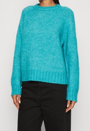 Maglione turchese realizzato in materiale morbido e peloso. Presenta un collo e un orlo a costine, con maniche lunghe e larghe e una vestibilità comoda.