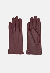 Gants en cuir bordeaux avec des coutures décoratives et une texture lisse. Présence d'un logo au niveau du poignet et d'un design ajusté pour les mains.