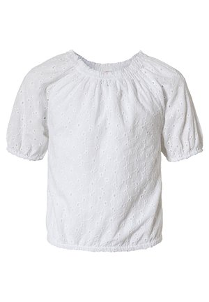 Weiße Baumwollbluse mit Puffärmeln, gerafftem Ausschnitt und strukturiertem Blumenmuster. Gummierter Saum für eine bequeme Passform.