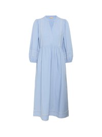 Light blue dress with a V-neckline, long puff sleeves, and gathered waist. Features white trim detailing along the sleeves and hem.