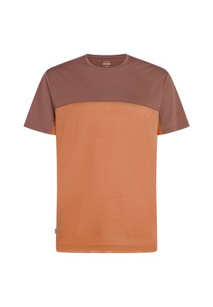 Short-sleeve t-shirt featuring a color block design with a dark brown upper section and a lighter orange lower section. Smooth texture, crew neckline.