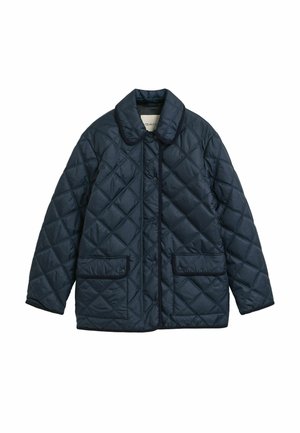 Marineblau gesteppte Jacke mit Kragen, Vorderknöpfen und zwei aufgesetzten Taschen. Das Design verfügt über rautenförmige Nähte und kontrastierende Verzierungen.