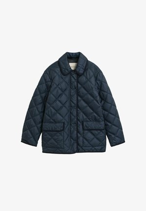 Marineblau gesteppte Jacke mit Kragen, Vorderknöpfen und zwei aufgesetzten Taschen. Das Design verfügt über rautenförmige Nähte und kontrastierende Verzierungen.
