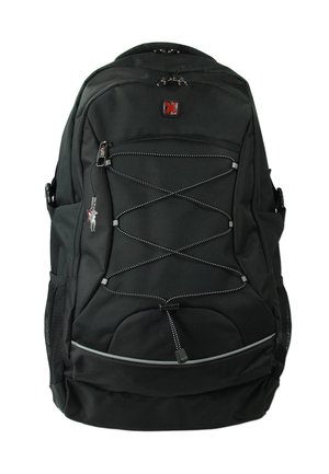 Black backpack with zippered compartments, mesh side pockets, and bungee cord design on front. Features a durable fabric with a textured finish.