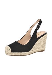 Zapato slingback negro de cuña con suela de yute trenzado. Presenta una puntera redondeada con una tapa de ganchillo y una correa con una hebilla de metal en el talón.
