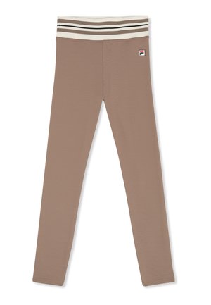 Leggings marron côtelés avec une large ceinture élastique ornée de rayures blanches, marron et noires, et un petit logo de marque sur la hanche.