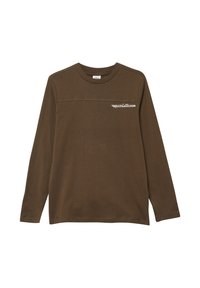 Bruine langarm crewneck shirt met witte tekst "EEN DAG IN DE NATUUR" op de linkerborst.