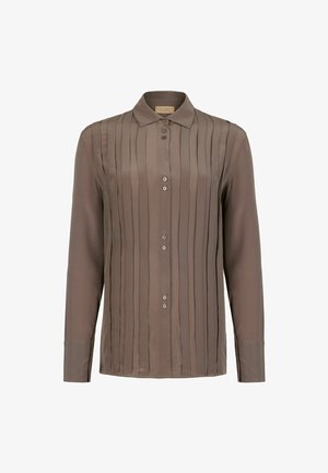 Braunes Langarmhemd mit vertikaler Rippstruktur, spitzem Kragen und fünf Knöpfen auf der Vorderseite. Weicher, glatter Stofffinish.
