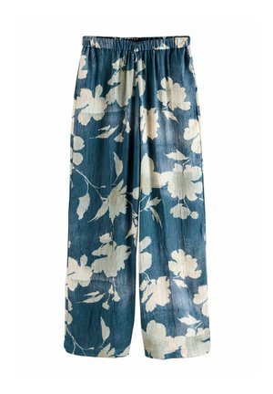 Pantaloni largi cu motive florale, într-o nuanță de teal, cu modele de flori albe. Confecționați dintr-un material texturat, cu un elastic la talie pentru confort.