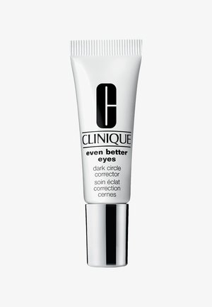 Clinique Even Better Eyes-tub, vit med svart text. Har ett silverfärgat vridlock och en ribbad topp, designad för att korrigera mörka ringar.