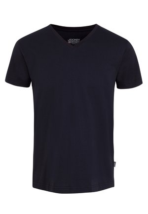 Navyblauwe katoenen T-shirt met een V-hals ontwerp. Korte mouwen en een rechte snit. Bevat een klein logotag aan de onderzijde.