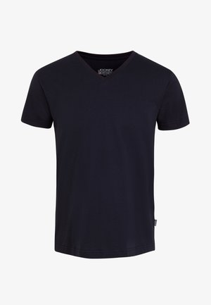 Navyblauwe katoenen T-shirt met een V-hals ontwerp. Korte mouwen en een rechte snit. Bevat een klein logotag aan de onderzijde.