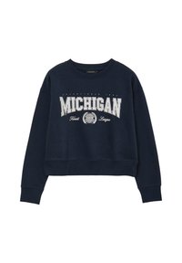 Felpa corta blu navy in cotone, con la scritta "MICHIGAN" in grassetto bianco e un design grafico con accenti di alloro.