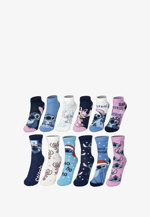 Set di 12 calzini alla caviglia con vari design, colori e motivi, tra cui blu, rosa, bianco e blu navy, con illustrazioni di personaggi.
