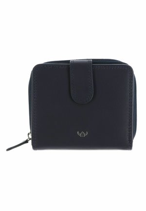 Portefeuille compact en cuir noir avec fermeture éclair et sangle avant à pression, avec petit logo argenté centré en bas.