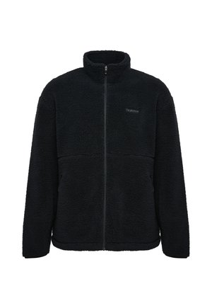 Zwarte fleecejas met volledige ritssluiting, hoge kraag en lange mouwen, met een klein "hummel" logo op de linkerborst.