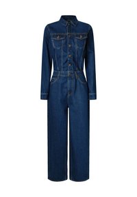 Denim jumpsuit med lange ermer, krage, frontknapper, to brystlommer, bred ben-design og synlig kontrastsøm i mørk blå.