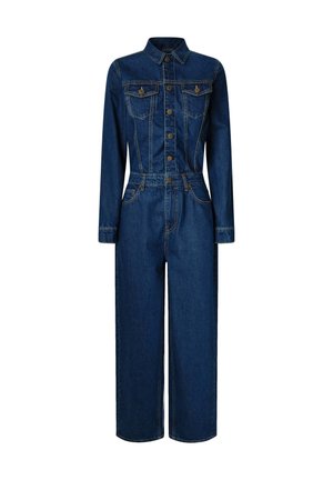 Denim overall met lange mouwen, kraag, knopen aan de voorkant, twee borstzakken, wijduitlopende benen en zichtbare contraststiksels in donkerblauw.