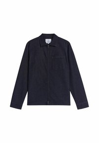 Mörkblå zip-up jacka med lång ärm, krage och en enda bröstficka på en vit bakgrund.