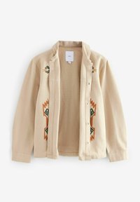 Beige overhemd met knopen, voorzien van geborduurde geometrische patronen in groen en oranje aan de voorkant, made van een zachte, gestructureerde stof.