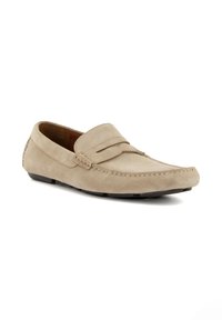 Beige suede loafers with a smooth finish, featuring stitching details and a cushioned insole, designed for comfort and casual wear.