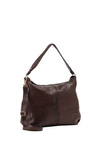 Dark brown leather handbag with adjustable shoulder strap, top zipper closure, and soft, slightly slouchy rectangular shape.