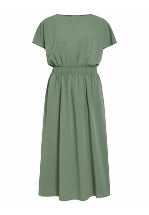 Zachte groene midijurk met korte mouwen, elastische tailleband, geplooide details en een ronde halslijn.